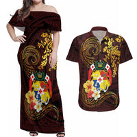 Tonga Ngatu and Hibiscus with Polynesian Tattoo Couples Matching Off Shoulder Maxi Dress and Hawaiian Shirt Gold and Oxblood Color LT03 Oxblood - Polynesian Pride