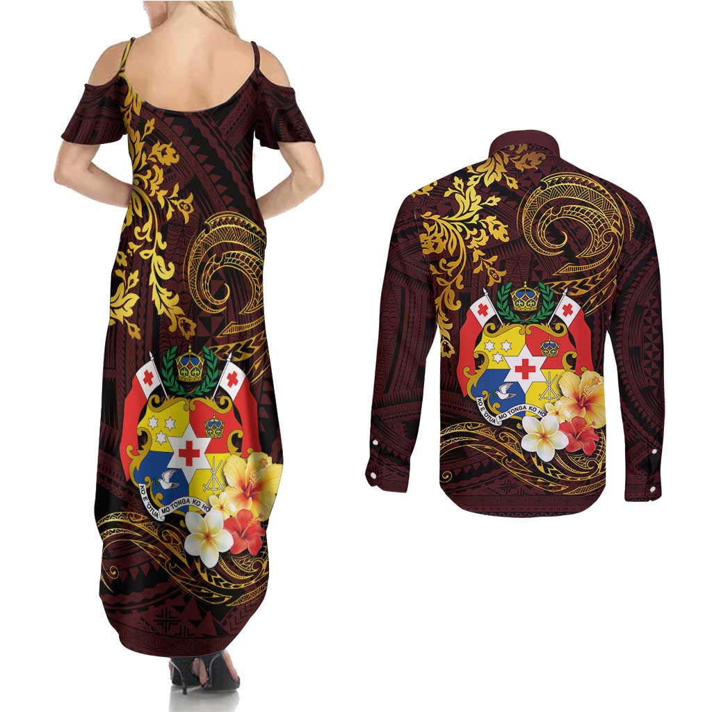 Tonga Ngatu and Hibiscus with Polynesian Tattoo Couples Matching Summer Maxi Dress and Long Sleeve Button Shirt Gold and Oxblood Color