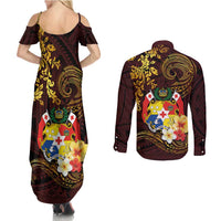 Tonga Ngatu and Hibiscus with Polynesian Tattoo Couples Matching Summer Maxi Dress and Long Sleeve Button Shirt Gold and Oxblood Color