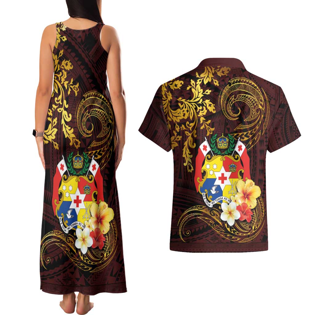Tonga Ngatu and Hibiscus with Polynesian Tattoo Couples Matching Tank Maxi Dress and Hawaiian Shirt Gold and Oxblood Color