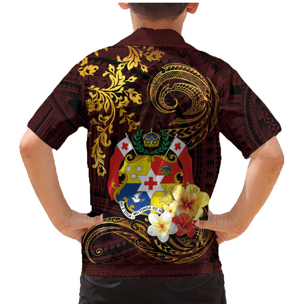Tonga Ngatu and Hibiscus with Polynesian Tattoo Family Matching Mermaid Dress and Hawaiian Shirt Gold and Oxblood Color