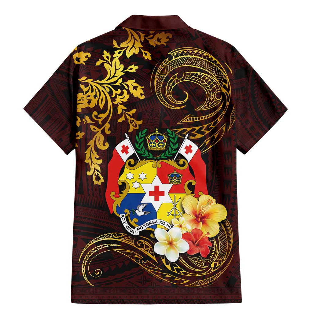 Tonga Ngatu and Hibiscus with Polynesian Tattoo Family Matching Mermaid Dress and Hawaiian Shirt Gold and Oxblood Color