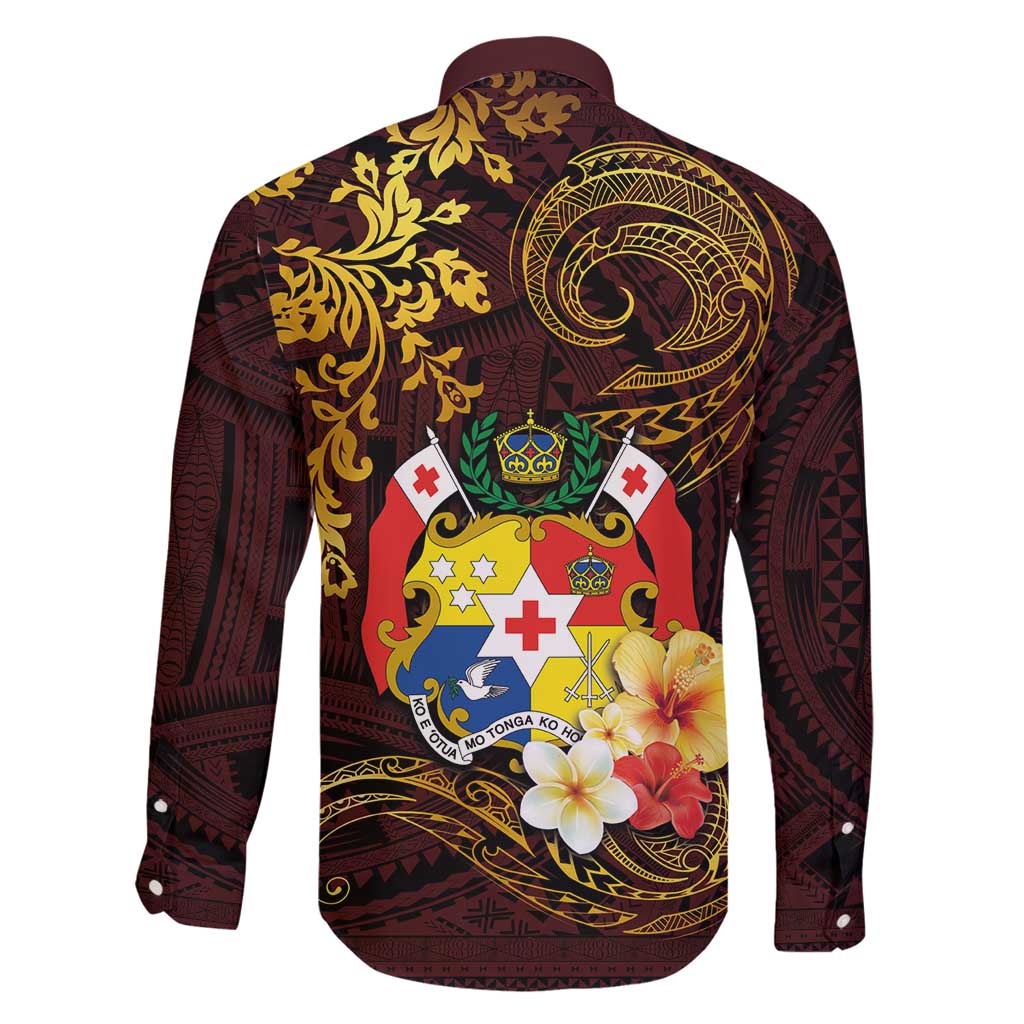 Tonga Ngatu and Hibiscus with Polynesian Tattoo Family Matching Mermaid Dress and Hawaiian Shirt Gold and Oxblood Color