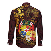 Tonga Ngatu and Hibiscus with Polynesian Tattoo Long Sleeve Button Shirt Gold and Oxblood Color LT03 - Polynesian Pride