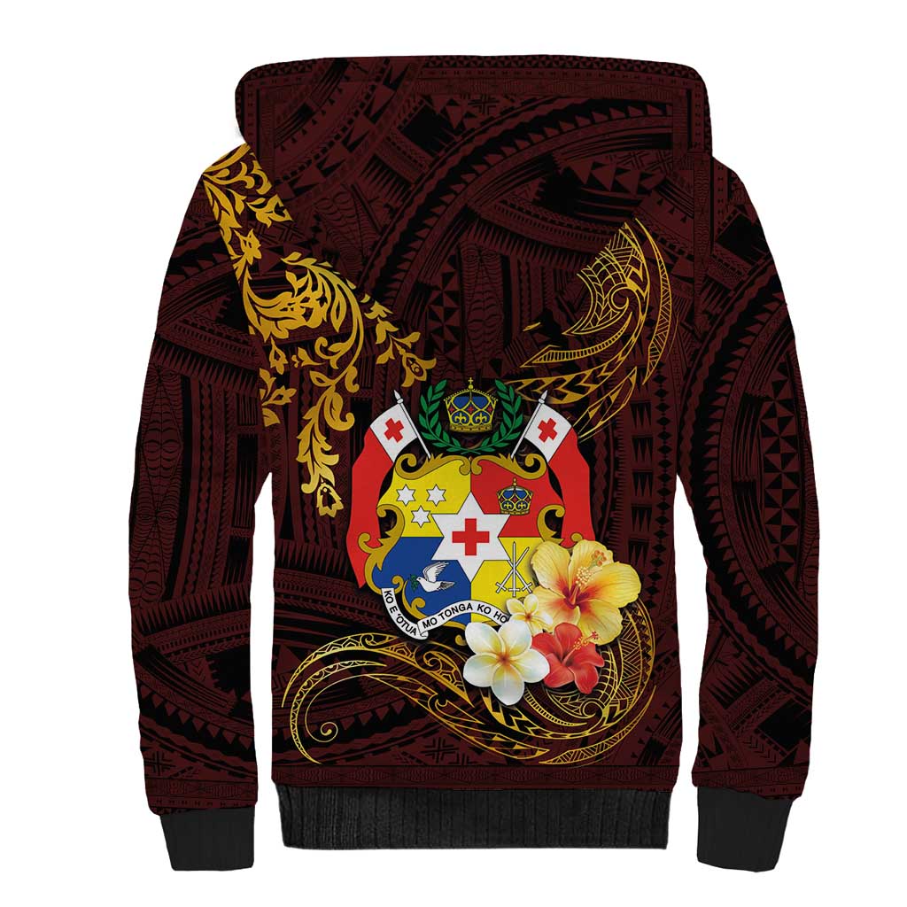 Tonga Ngatu and Hibiscus with Polynesian Tattoo Sherpa Hoodie Gold and Oxblood Color