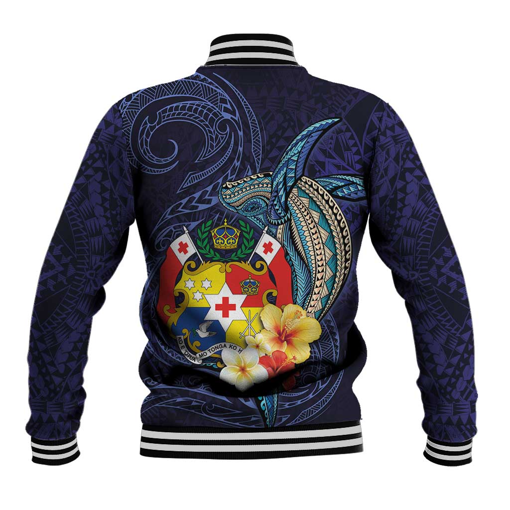 Tonga Vava'u Humpback Whale Blue Water Baseball Jacket Polynesian Hibiscus Flowers