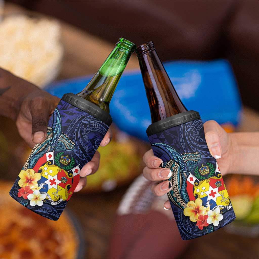 Tonga Vava'u Humpback Whale Blue Water 4 in 1 Can Cooler Tumbler Polynesian Hibiscus Flowers