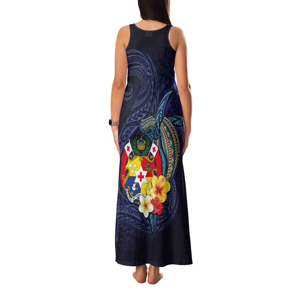Tonga Vava'u Humpback Whale Blue Water Tank Maxi Dress Polynesian Hibiscus Flowers