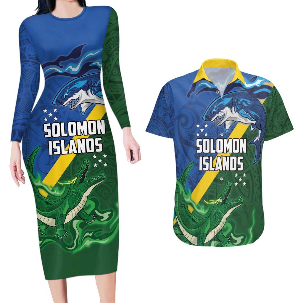 Solomon Islands Polynesian Tribal Shark and Crocodile Couples Matching Long Sleeve Bodycon Dress and Hawaiian Shirt LT03 Blue - Polynesian Pride