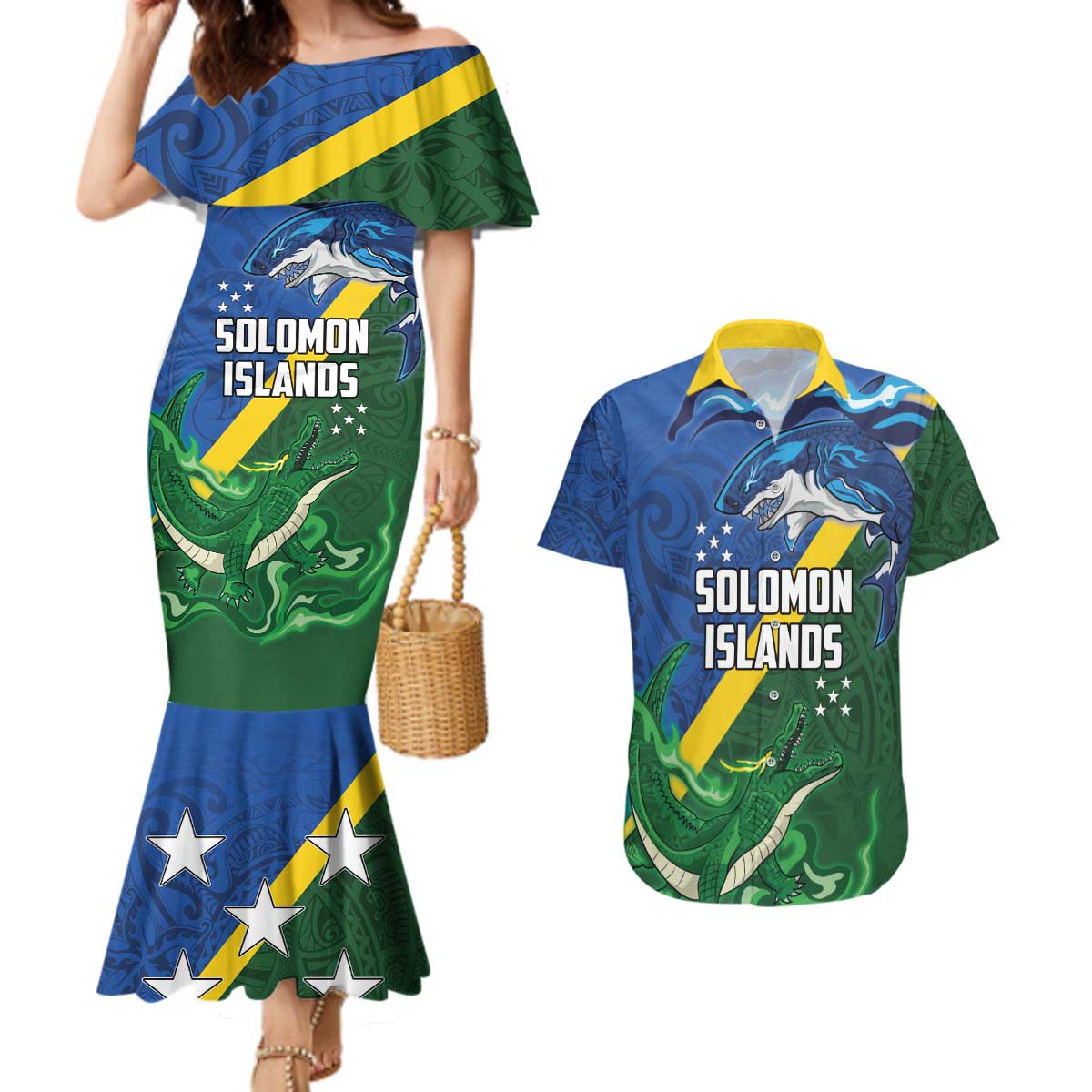 Solomon Islands Polynesian Tribal Shark and Crocodile Couples Matching Mermaid Dress and Hawaiian Shirt LT03 Blue - Polynesian Pride
