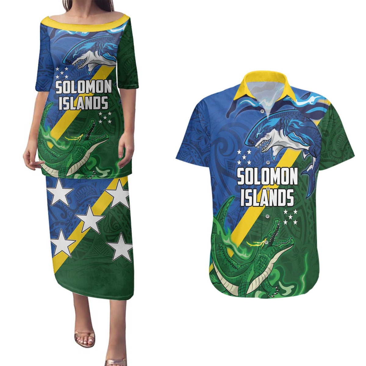 Solomon Islands Polynesian Tribal Shark and Crocodile Couples Matching Puletasi and Hawaiian Shirt LT03 Blue - Polynesian Pride