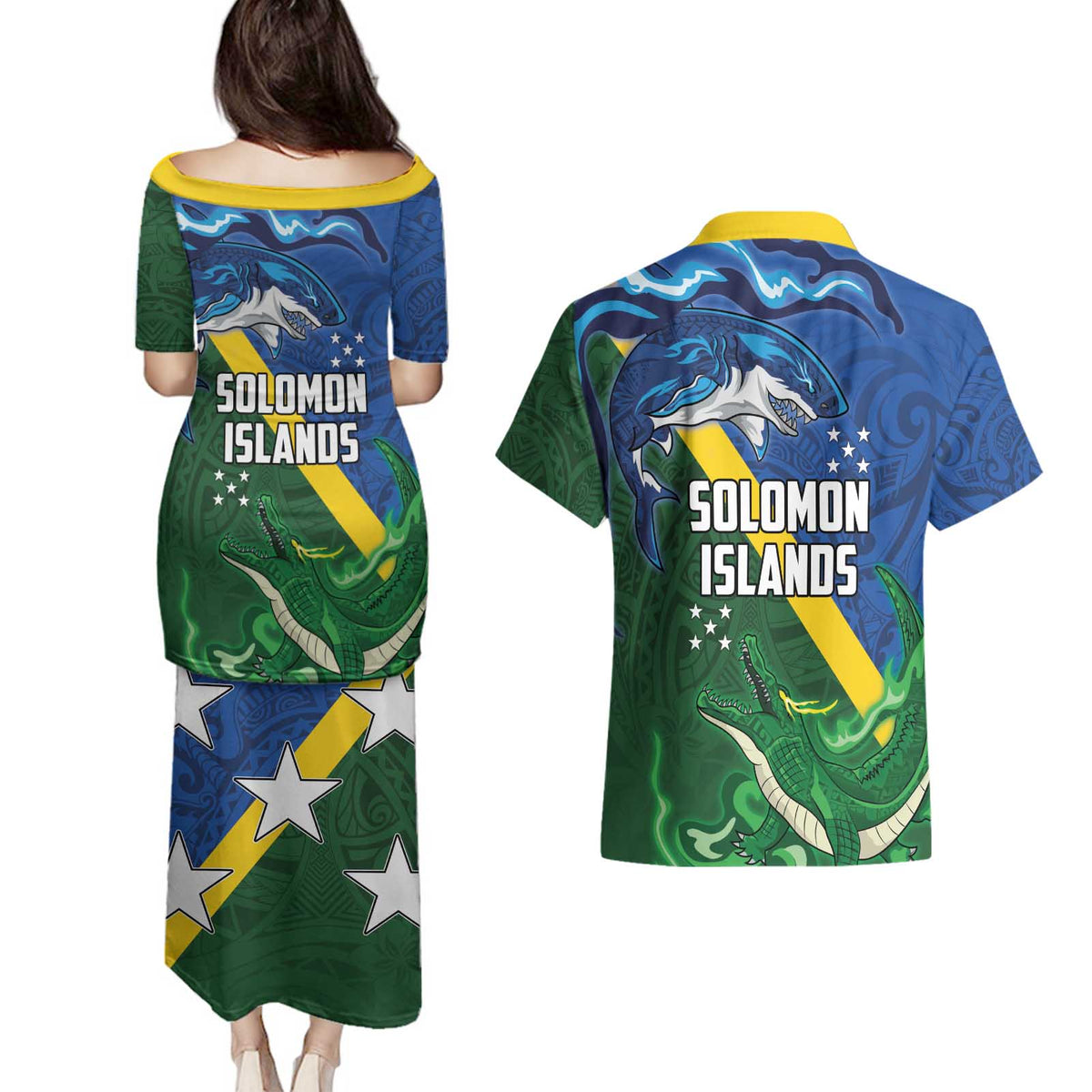 Solomon Islands Polynesian Tribal Shark and Crocodile Couples Matching Puletasi and Hawaiian Shirt LT03 - Polynesian Pride