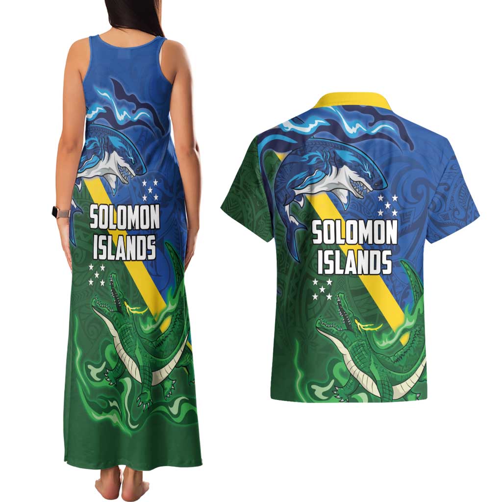 Solomon Islands Polynesian Tribal Shark and Crocodile Couples Matching Tank Maxi Dress and Hawaiian Shirt LT03 - Polynesian Pride