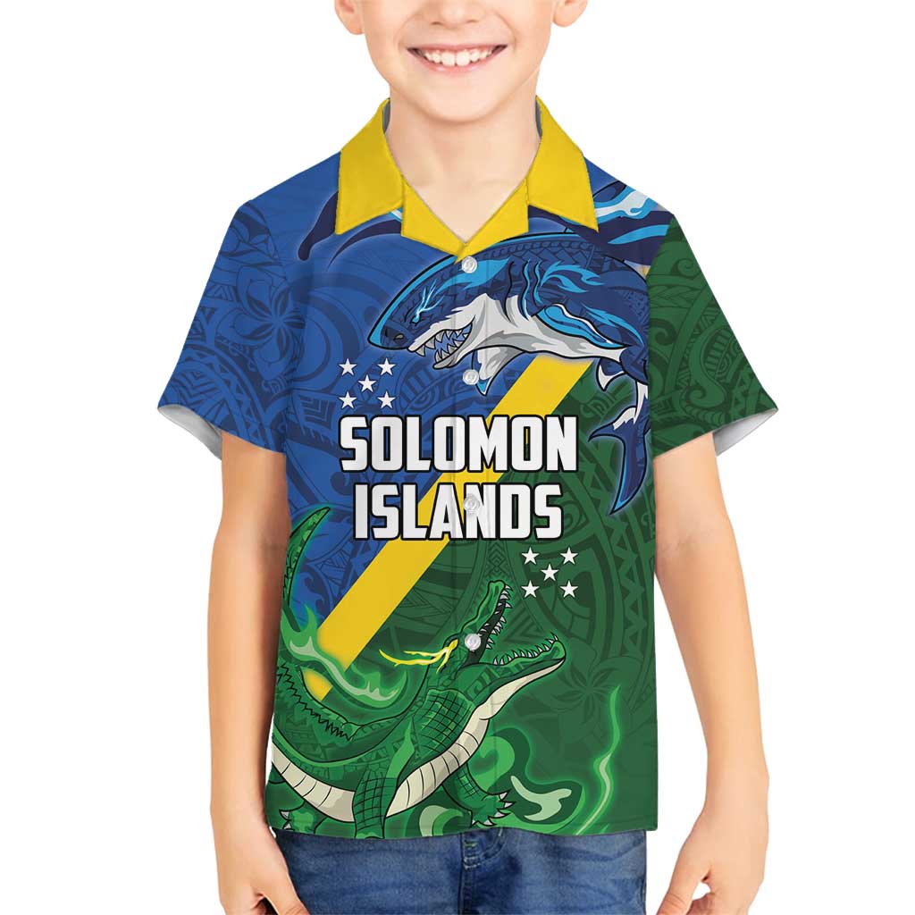 Solomon Islands Polynesian Tribal Shark and Crocodile Family Matching Off Shoulder Maxi Dress and Hawaiian Shirt