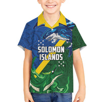 Solomon Islands Polynesian Tribal Shark and Crocodile Family Matching Off Shoulder Maxi Dress and Hawaiian Shirt