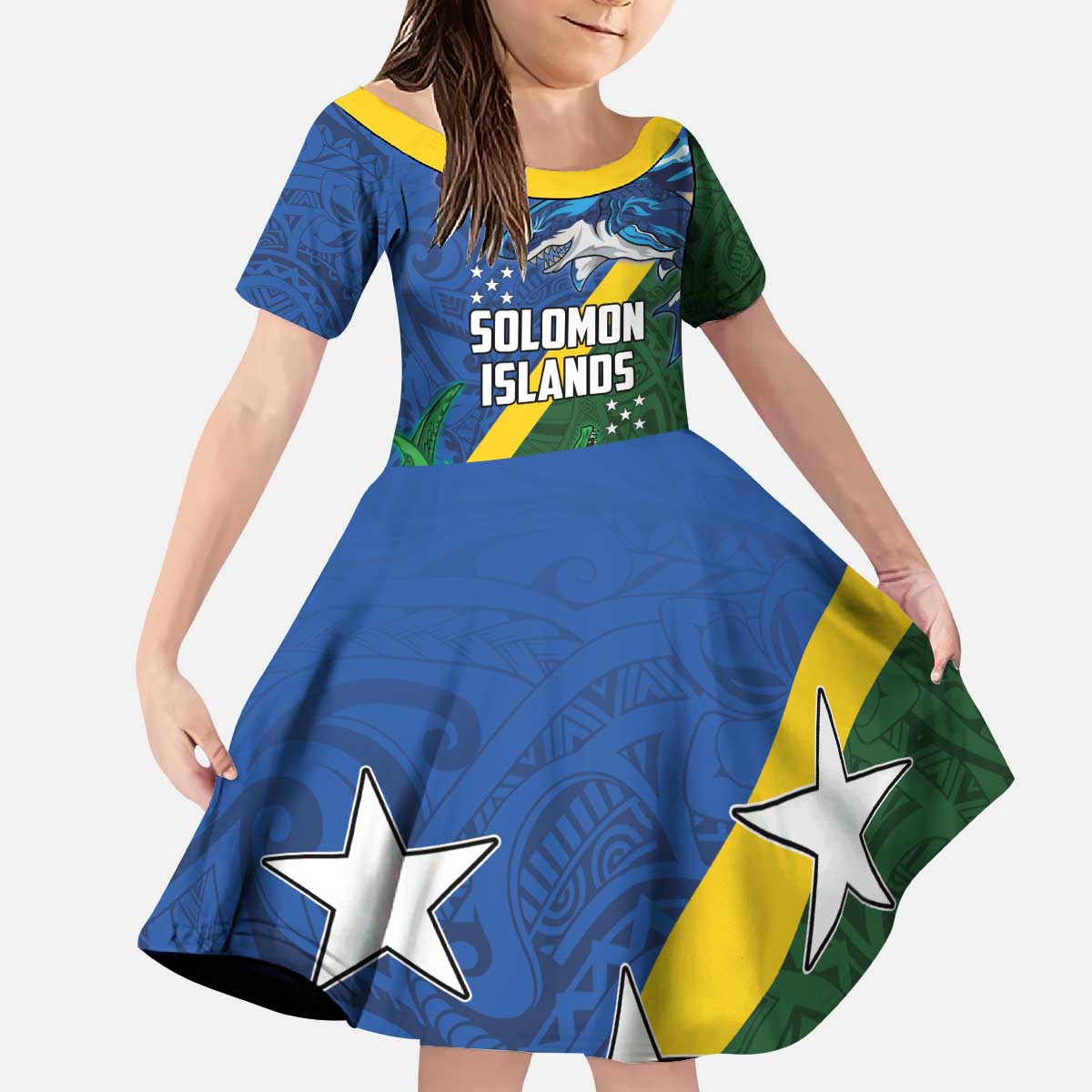 Solomon Islands Polynesian Tribal Shark and Crocodile Kid Short Sleeve Dress LT03 KID Blue - Polynesian Pride