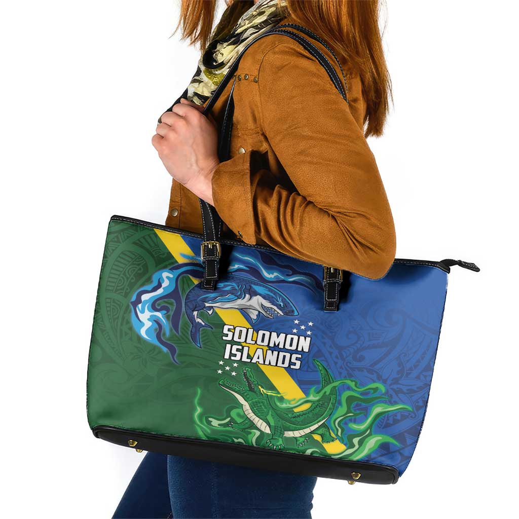 Solomon Islands Polynesian Tribal Shark and Crocodile Leather Tote Bag LT03 Blue - Polynesian Pride