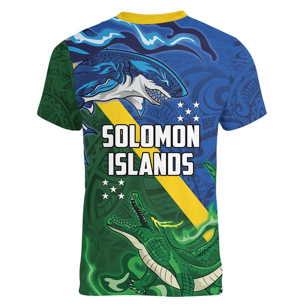 Solomon Islands Polynesian Tribal Shark and Crocodile Women V-Neck T-Shirt
