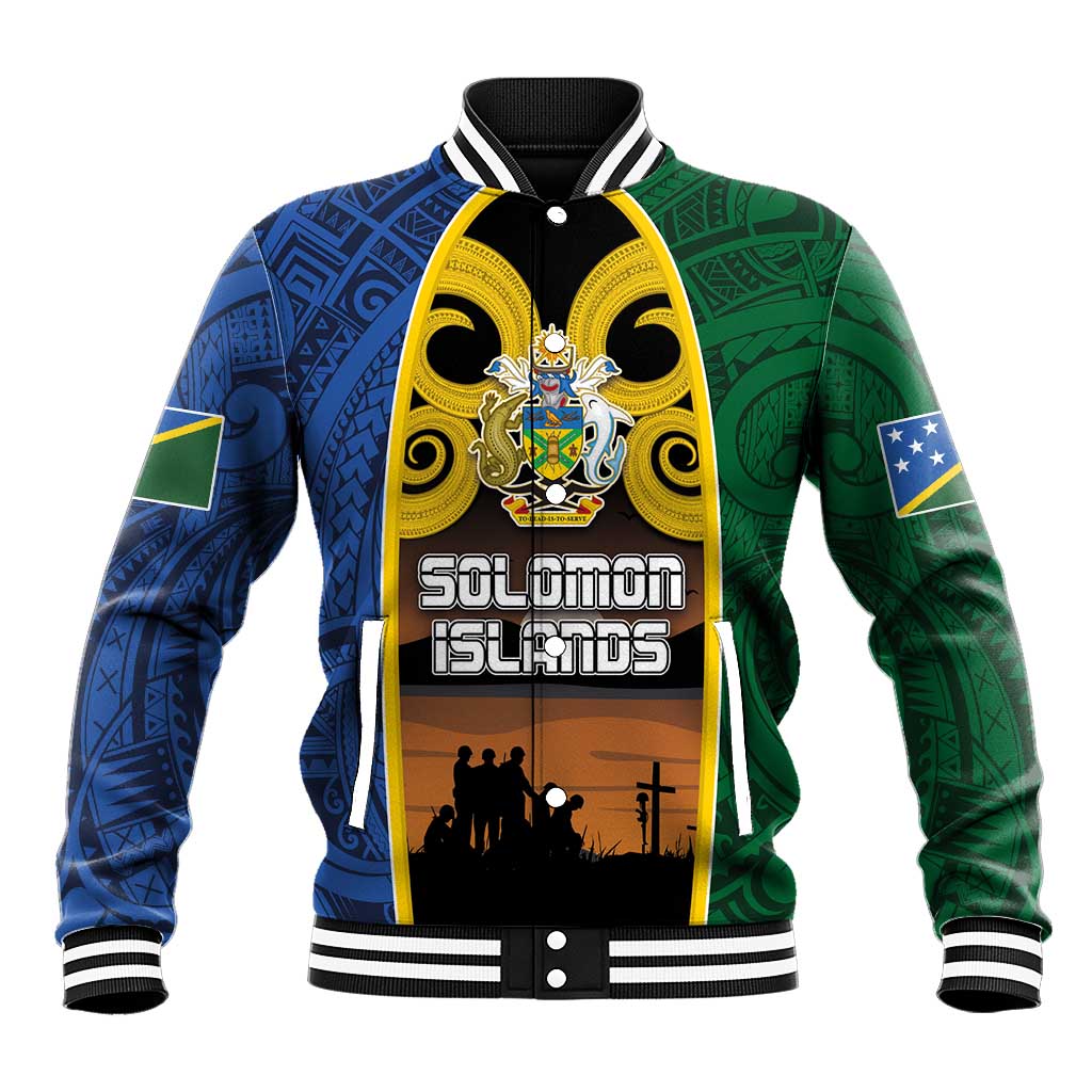 Solomon Islands Remembrance Day Baseball Jacket Lest We Forget and Polynesian Tattoo Pattern