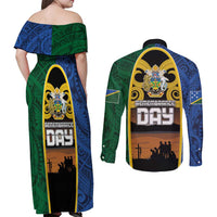 Solomon Islands Remembrance Day Couples Matching Off Shoulder Maxi Dress and Long Sleeve Button Shirt Lest We Forget and Polynesian Tattoo Pattern
