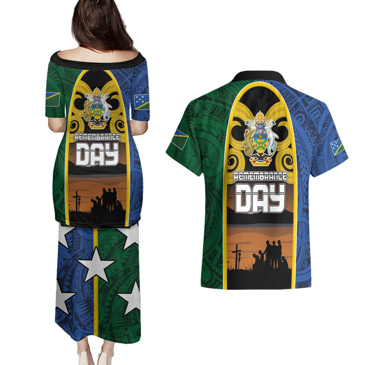 Solomon Islands Remembrance Day Couples Matching Puletasi and Hawaiian Shirt Lest We Forget and Polynesian Tattoo Pattern LT03 - Polynesian Pride