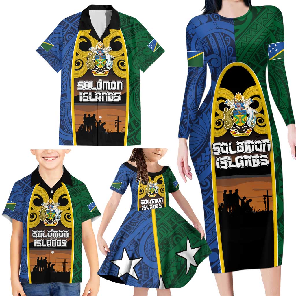 Solomon Islands Remembrance Day Family Matching Long Sleeve Bodycon Dress and Hawaiian Shirt Lest We Forget and Polynesian Tattoo Pattern LT03 - Polynesian Pride