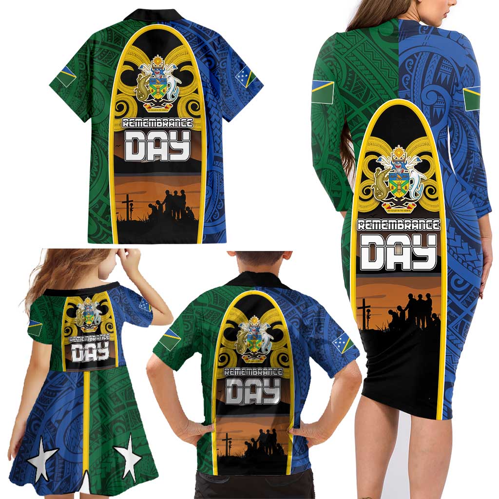 Solomon Islands Remembrance Day Family Matching Long Sleeve Bodycon Dress and Hawaiian Shirt Lest We Forget and Polynesian Tattoo Pattern LT03 - Polynesian Pride
