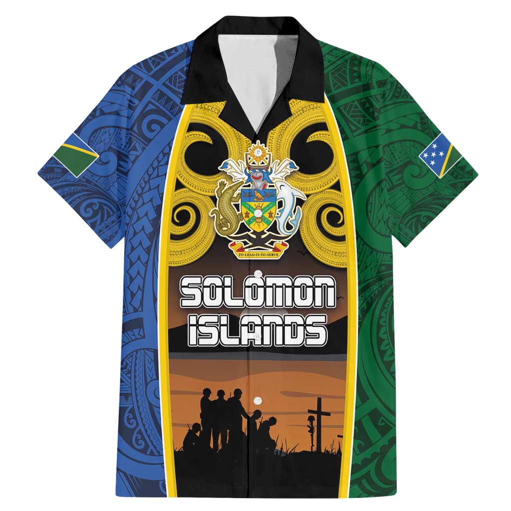 Solomon Islands Remembrance Day Family Matching Mermaid Dress and Hawaiian Shirt Lest We Forget and Polynesian Tattoo Pattern LT03 Dad's Shirt - Short Sleeve Black - Polynesian Pride