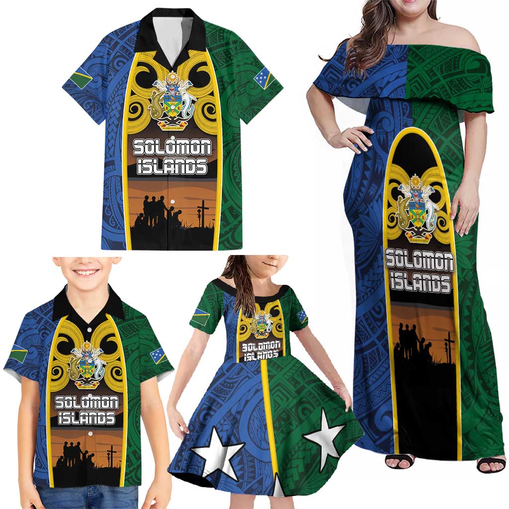 Solomon Islands Remembrance Day Family Matching Off Shoulder Maxi Dress and Hawaiian Shirt Lest We Forget and Polynesian Tattoo Pattern LT03 - Polynesian Pride