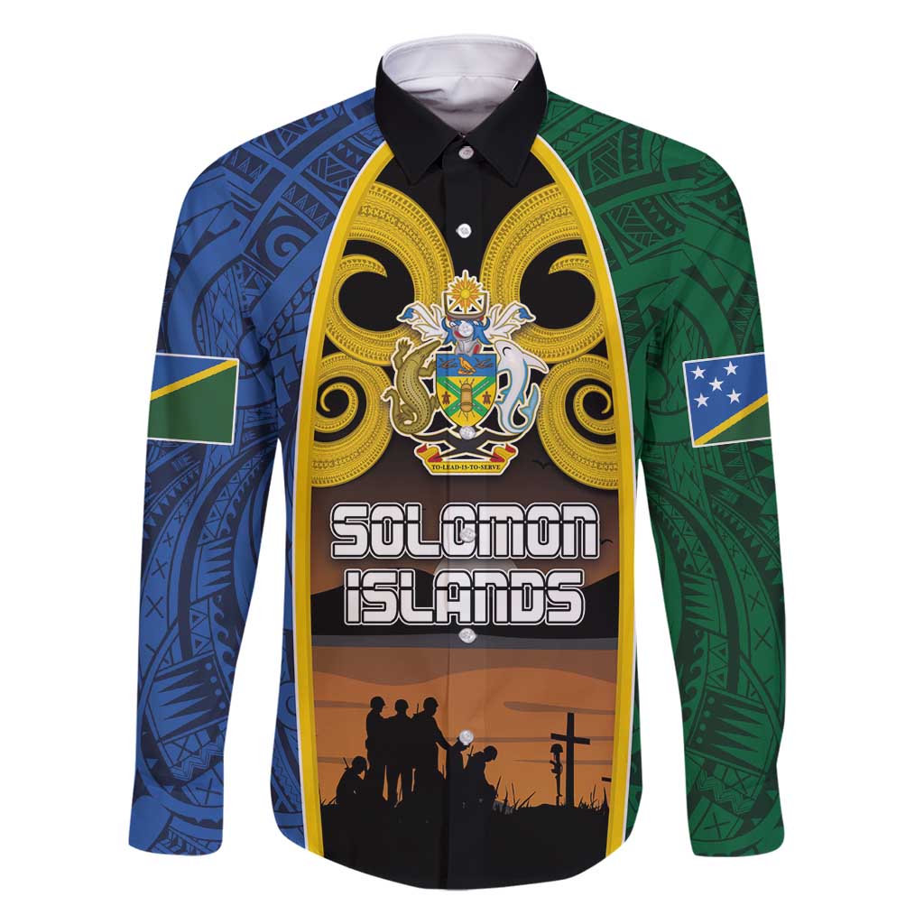 Solomon Islands Remembrance Day Family Matching Off Shoulder Maxi Dress and Hawaiian Shirt Lest We Forget and Polynesian Tattoo Pattern LT03 Dad's Shirt - Long Sleeve Black - Polynesian Pride
