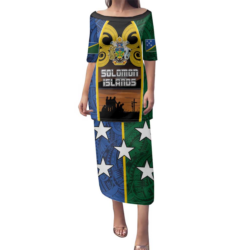 Solomon Islands Remembrance Day Family Matching Puletasi and Hawaiian Shirt Lest We Forget and Polynesian Tattoo Pattern LT03 Mom's Dress Black - Polynesian Pride