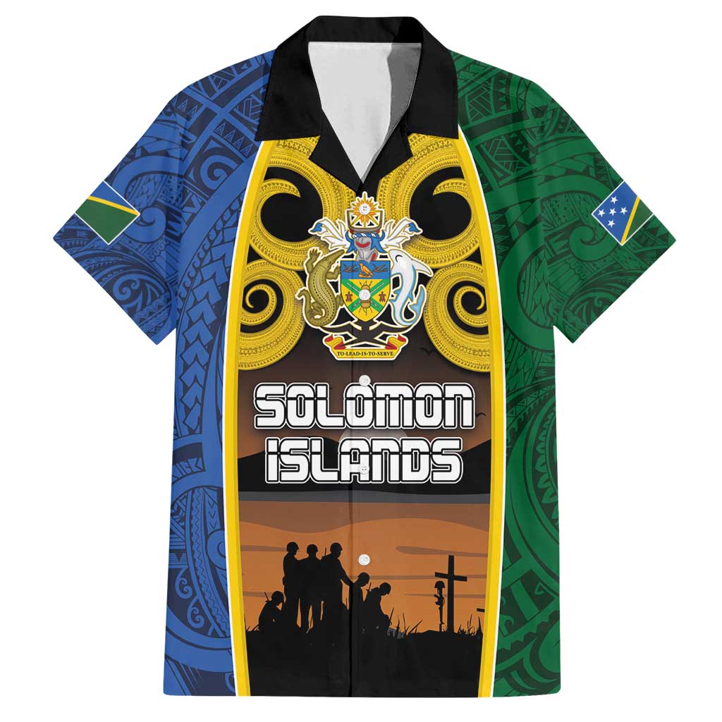 Solomon Islands Remembrance Day Family Matching Tank Maxi Dress and Hawaiian Shirt Lest We Forget and Polynesian Tattoo Pattern LT03 Dad's Shirt - Short Sleeve Black - Polynesian Pride