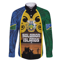Solomon Islands Remembrance Day Family Matching Tank Maxi Dress and Hawaiian Shirt Lest We Forget and Polynesian Tattoo Pattern LT03 Dad's Shirt - Long Sleeve Black - Polynesian Pride
