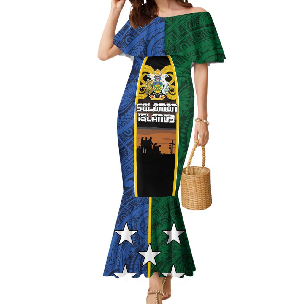 Solomon Islands Remembrance Day Mermaid Dress Lest We Forget and Polynesian Tattoo Pattern LT03 Women Black - Polynesian Pride
