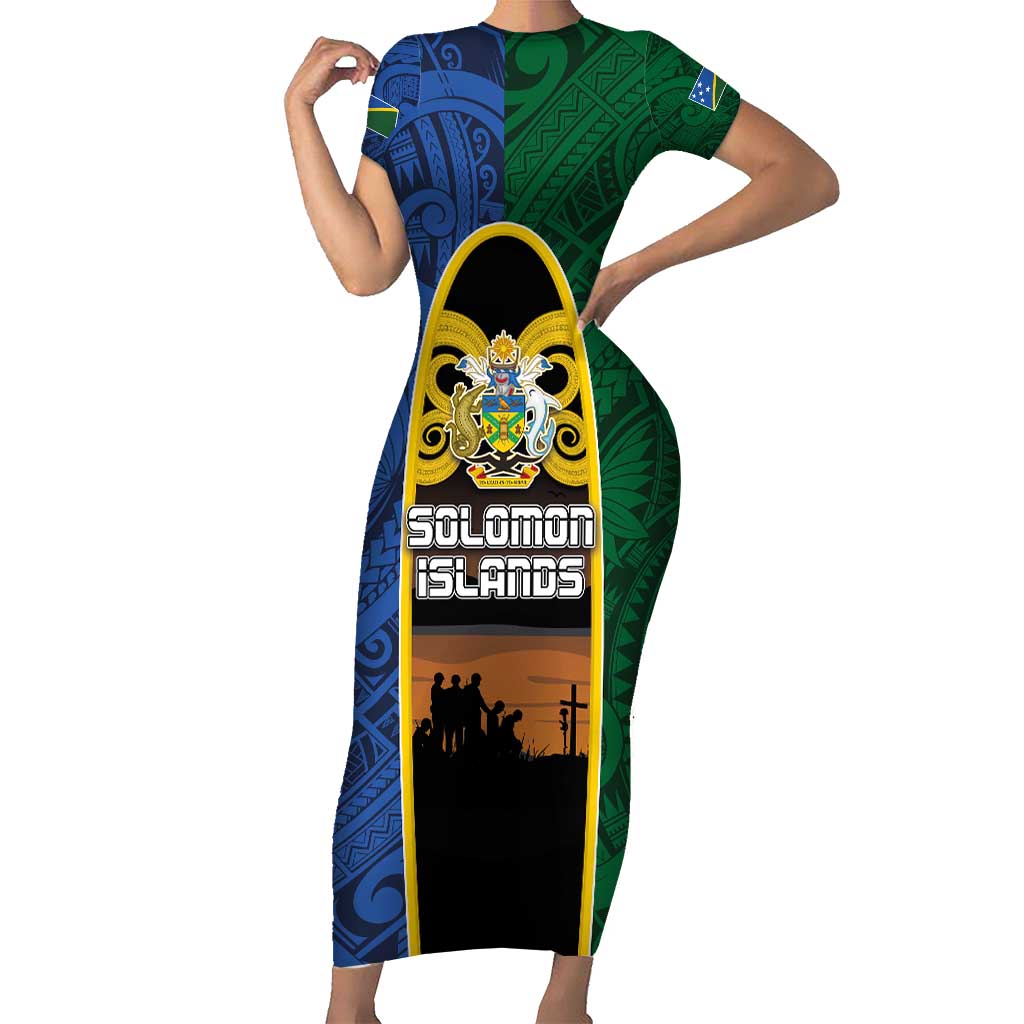 Solomon Islands Remembrance Day Short Sleeve Bodycon Dress Lest We Forget and Polynesian Tattoo Pattern LT03 Long Dress Black - Polynesian Pride
