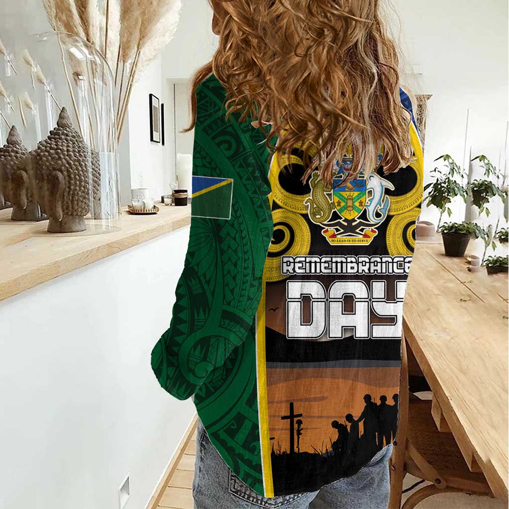 Solomon Islands Remembrance Day Women Casual Shirt Lest We Forget and Polynesian Tattoo Pattern
