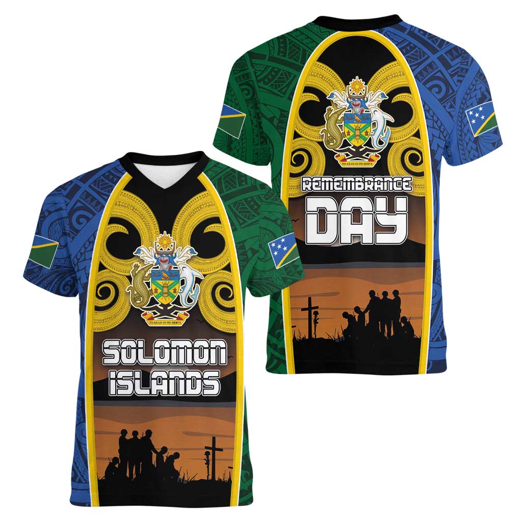 Solomon Islands Remembrance Day Women V-Neck T-Shirt Lest We Forget and Polynesian Tattoo Pattern