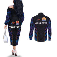 Personalised Tahiti Triathlon Polynesian Pattern Couples Matching Off The Shoulder Long Sleeve Dress and Long Sleeve Button Shirt