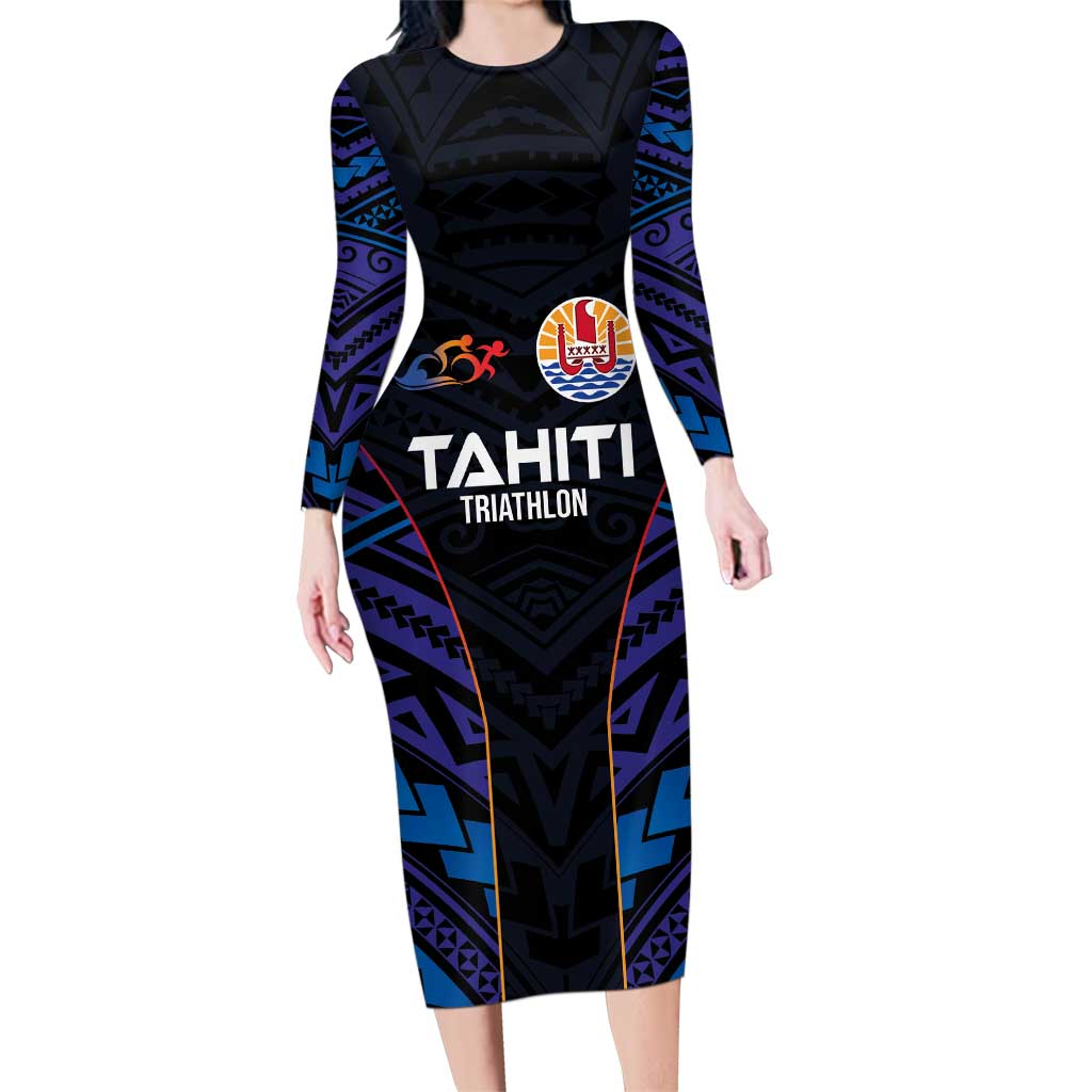 Personalised Tahiti Triathlon Polynesian Pattern Family Matching Long Sleeve Bodycon Dress and Hawaiian Shirt LT03 Mom's Dress Black - Polynesian Pride