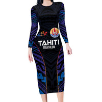 Personalised Tahiti Triathlon Polynesian Pattern Family Matching Long Sleeve Bodycon Dress and Hawaiian Shirt LT03 Mom's Dress Black - Polynesian Pride