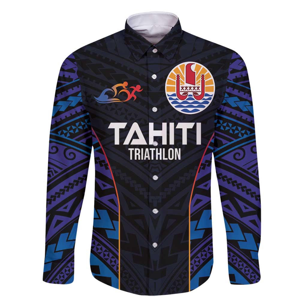 Personalised Tahiti Triathlon Polynesian Pattern Family Matching Off Shoulder Maxi Dress and Hawaiian Shirt LT03 Dad's Shirt - Long Sleeve Black - Polynesian Pride