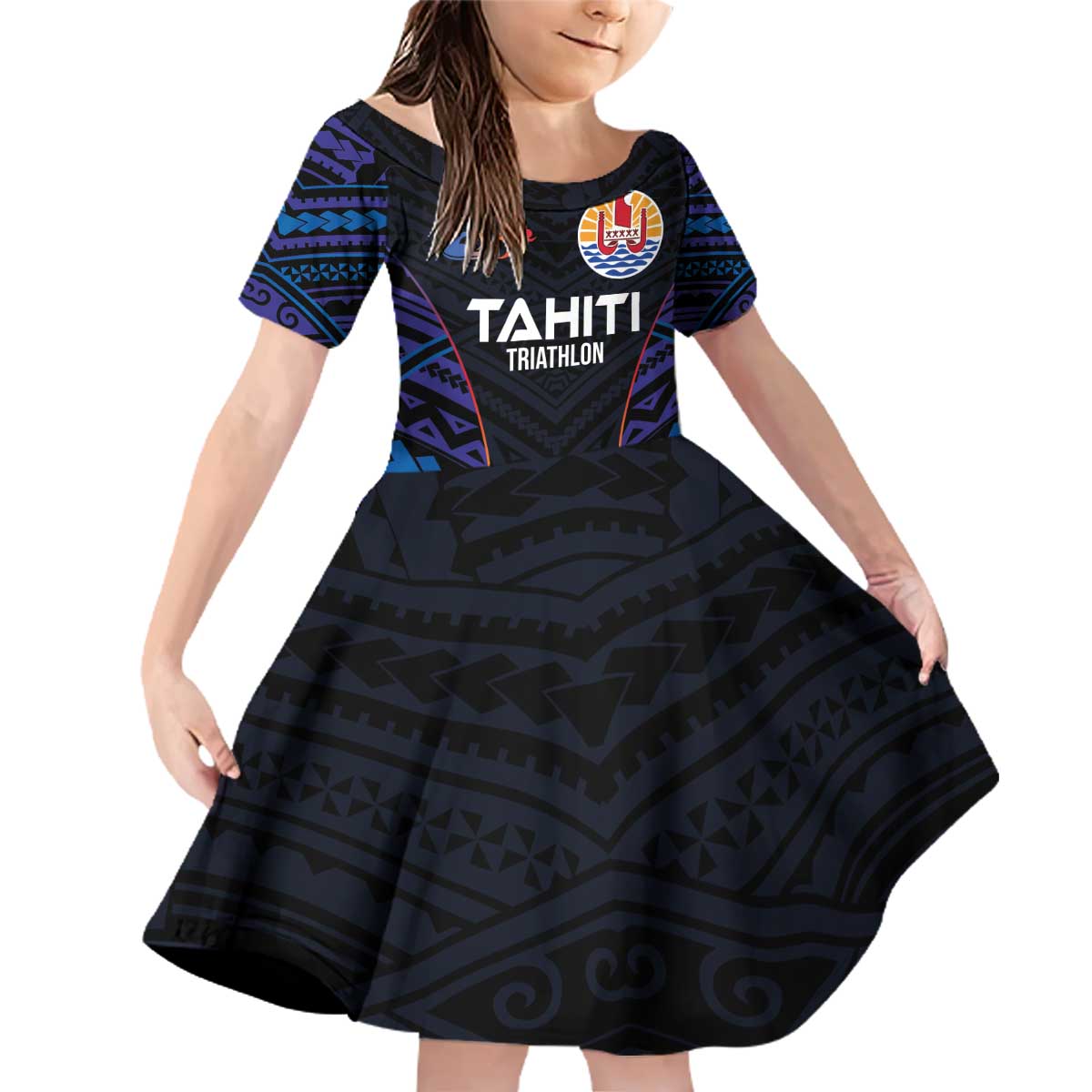 Personalised Tahiti Triathlon Polynesian Pattern Family Matching Off Shoulder Short Dress and Hawaiian Shirt LT03 Daughter's Dress Black - Polynesian Pride