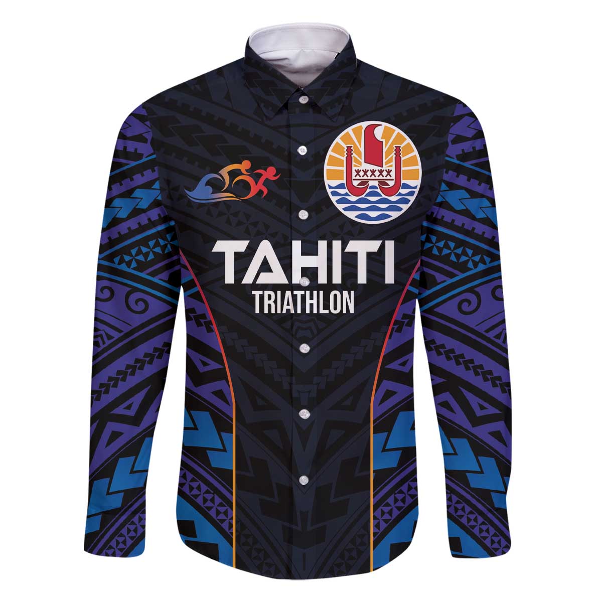 Personalised Tahiti Triathlon Polynesian Pattern Family Matching Off Shoulder Short Dress and Hawaiian Shirt LT03 Dad's Shirt - Long Sleeve Black - Polynesian Pride