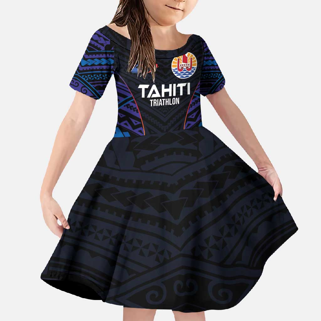 Personalised Tahiti Triathlon Polynesian Pattern Family Matching Tank Maxi Dress and Hawaiian Shirt LT03 Daughter's Dress Black - Polynesian Pride