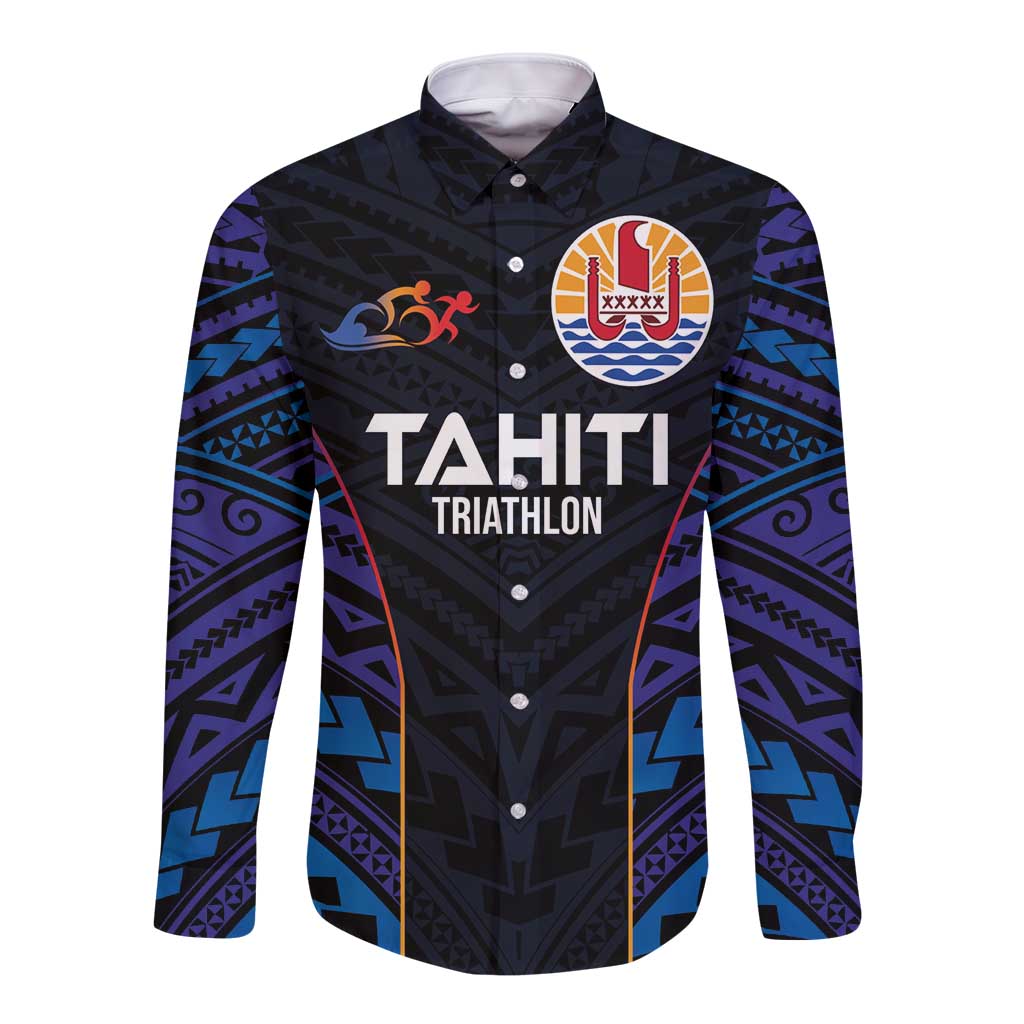 Personalised Tahiti Triathlon Polynesian Pattern Long Sleeve Button Shirt LT03 Unisex Black - Polynesian Pride