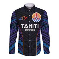 Personalised Tahiti Triathlon Polynesian Pattern Long Sleeve Button Shirt LT03 Unisex Black - Polynesian Pride