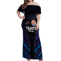 Personalised Tahiti Triathlon Polynesian Pattern Off Shoulder Maxi Dress LT03 Women Black - Polynesian Pride