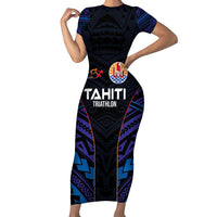 Personalised Tahiti Triathlon Polynesian Pattern Short Sleeve Bodycon Dress LT03 Long Dress Black - Polynesian Pride