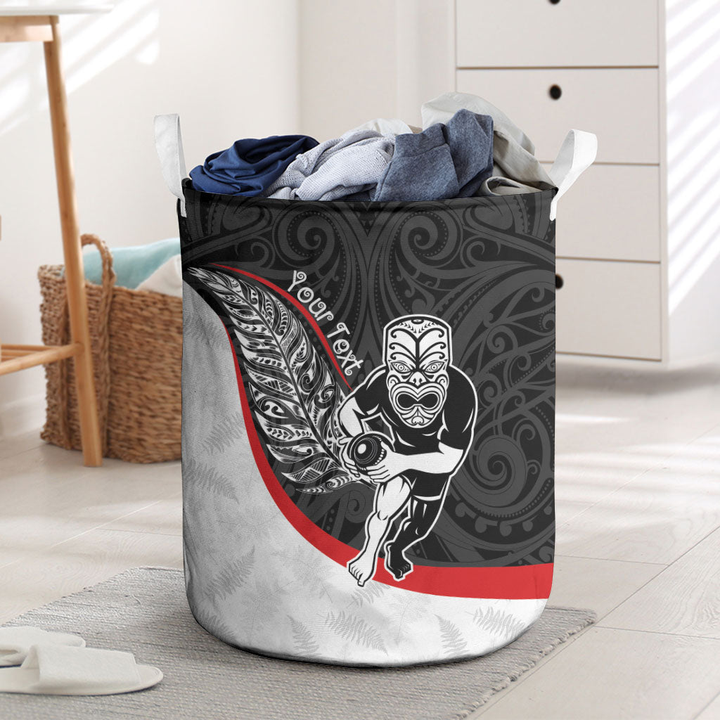 Personalised Aotearoa Lawn Bowls Laundry Basket Maori Warrior and Silver Fern Sporty Style LT03 Black - Polynesian Pride