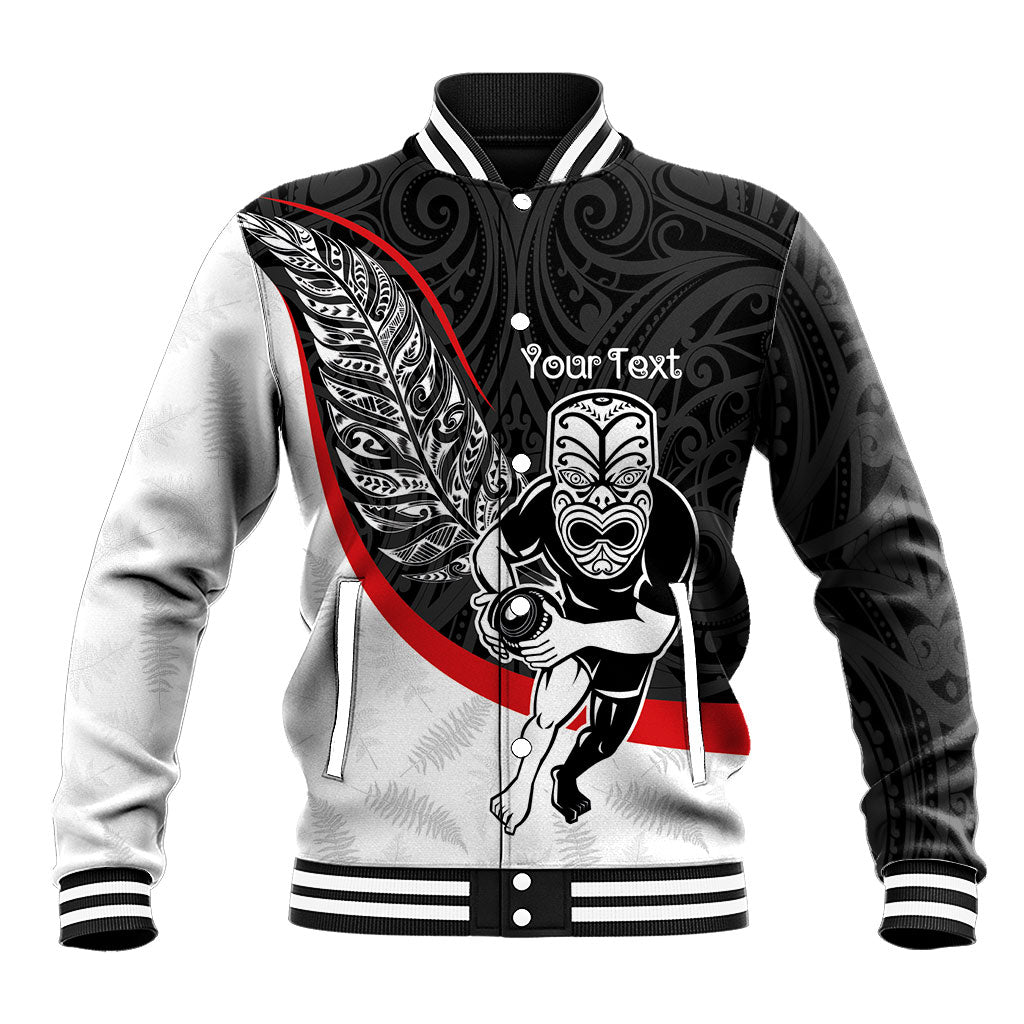 Personalised Aotearoa Lawn Bowls Baseball Jacket Maori Warrior and Silver Fern Sporty Style LT03 Unisex Black - Polynesian Pride